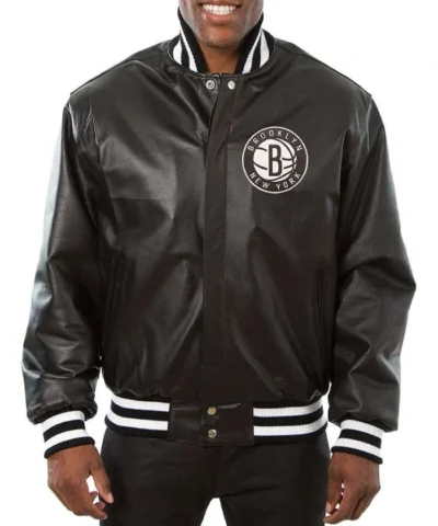 Brooklyn Nets Varsity Letterman Full-Snap Leather Black Jacket