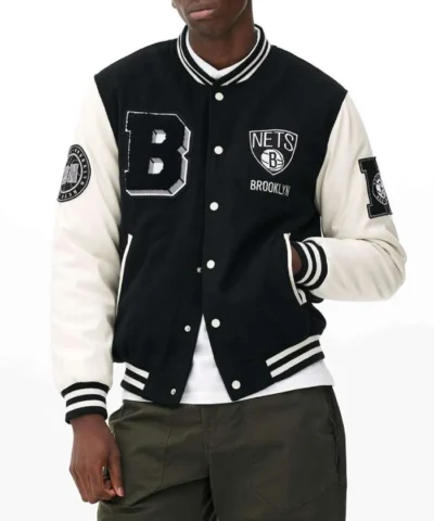 Brooklyn Nets Varsity WoolLeather Black and Off White Jacket
