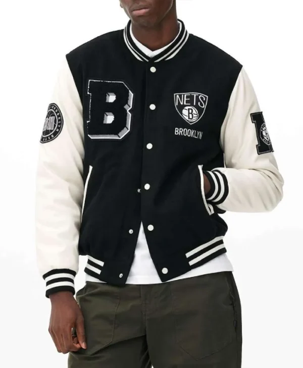 Brooklyn Nets Varsity WoolLeather Black and Off White Jacket