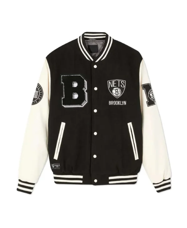 Buy Brooklyn Nets Varsity WoolLeather Black and Off White Jacket