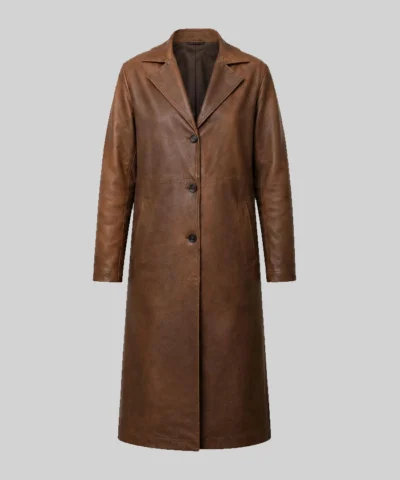Brown Leather Trench Coat For Mens