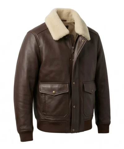 Brown Pilot Shearling Leather Bomber Jacket For Mens
