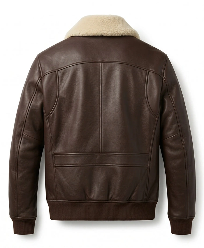 Brown Pilot Shearling Leather Bomber Jacket For Mens Back View