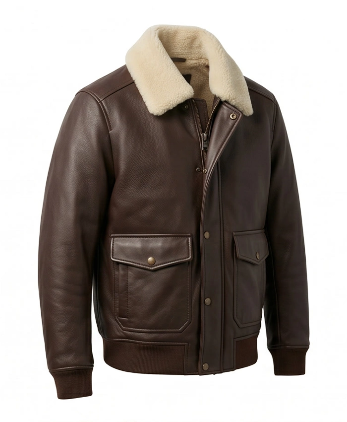 Brown Pilot Shearling Leather Bomber Jacket For Mens