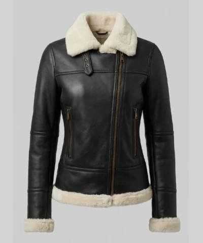 Brown Shearling Leather Bomber Jacket For Womens