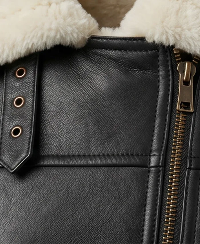 Brown Shearling Leather Bomber Jacket For Womens Collar and front