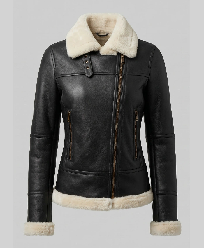 Brown Shearling Leather Bomber Jacket For Womens