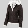 Brown Shearling Removable Hood Jacket For Womens