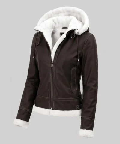 Brown Shearling Removable Hood Jacket For Womens