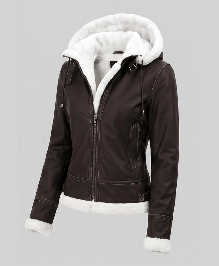 Brown Shearling Removable Hood Jacket For Womens