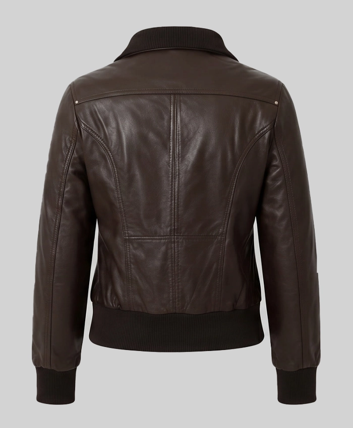 Brown Slim Fit Bomber Leather Jacket For Women