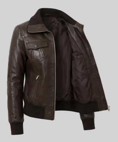 Brown Slim Fit Bomber Leather Jacket For Womens