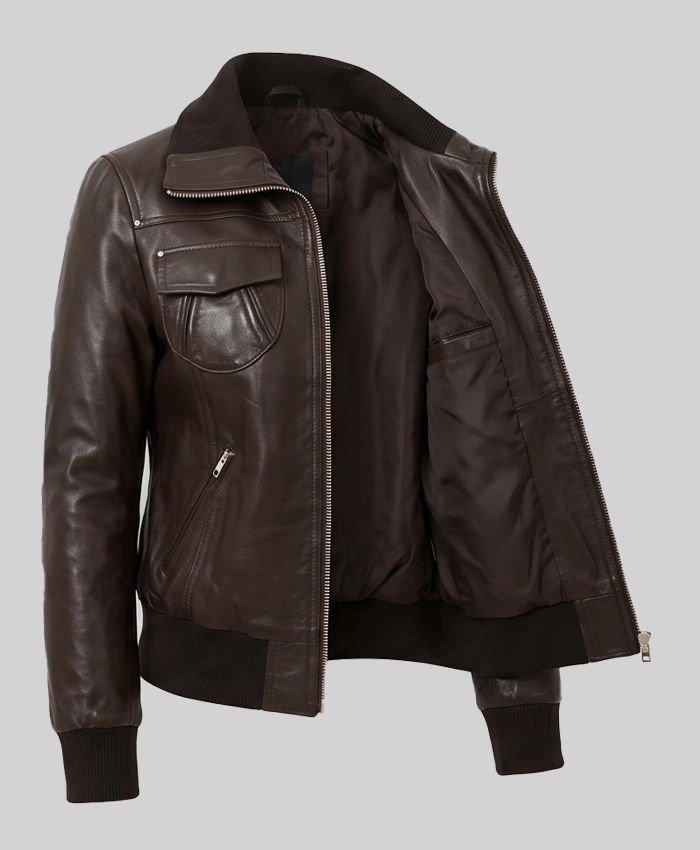Brown Slim Fit Bomber Leather Jacket For Womens