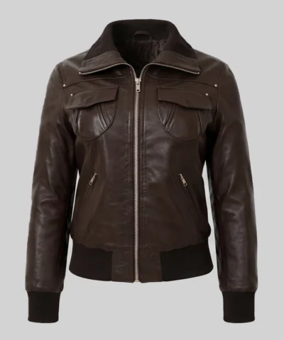 Brown Slim Fit Bomber Leather Jacket Womens