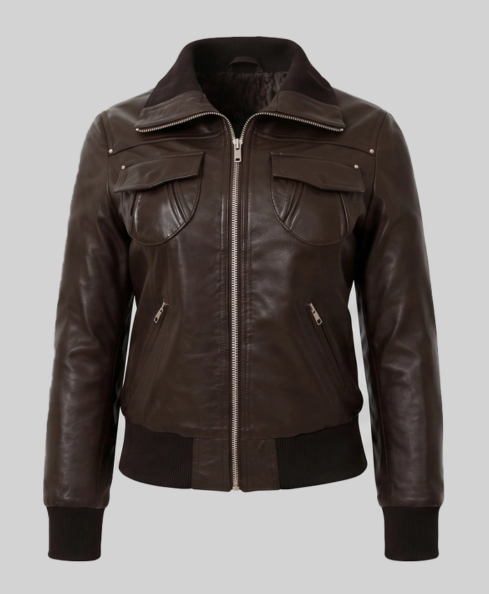Brown Slim Fit Bomber Leather Jacket Womens