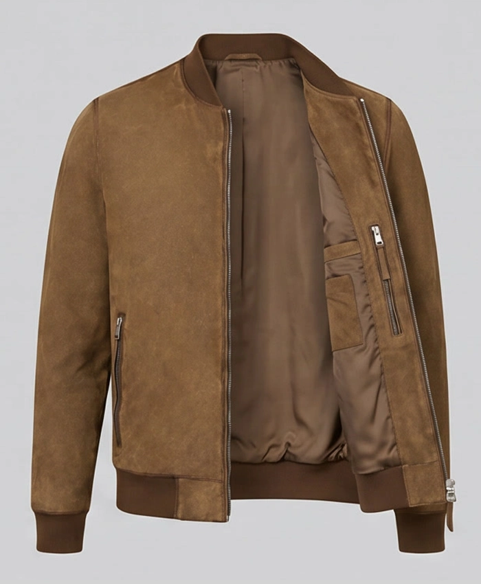 Brown Suede Real Leather Bomber Jacket For Men