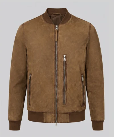 Brown Suede Real Leather Bomber Jacket For Mens
