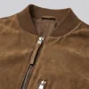 Brown Suede Real Leather Bomber Jacket For Mens Collar and zip