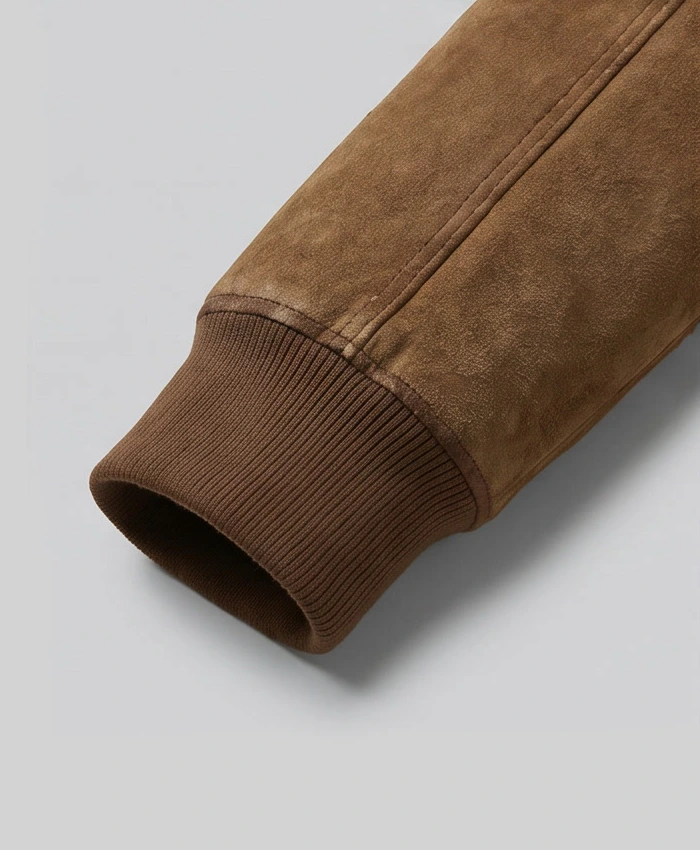 Brown Suede Real Leather Bomber Jacket For Mens Cuffs