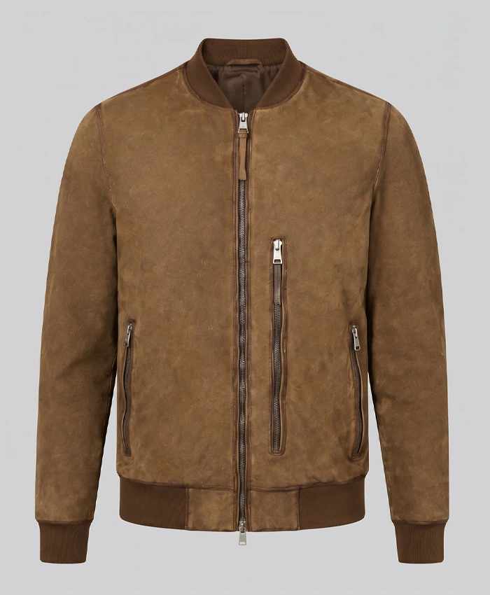 Brown Suede Real Leather Bomber Jacket For Mens