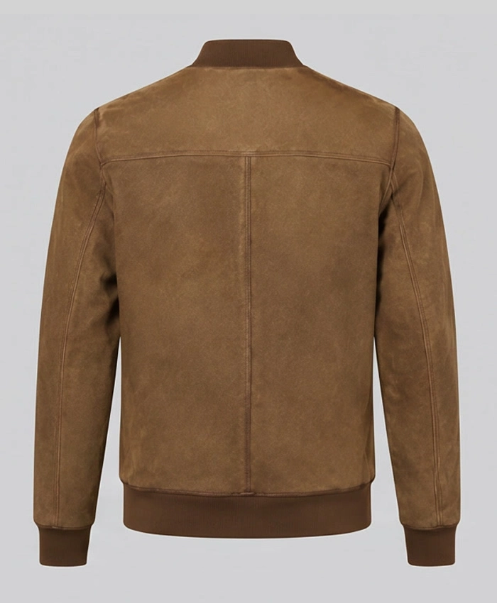 Brown Suede Real Leather Bomber Jacket Mens Back