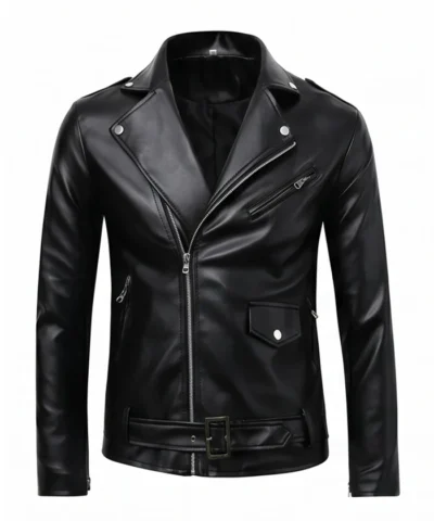 Buston Black Shining Leather Biker Jacket For Men