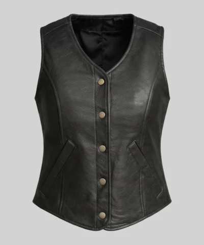 Button-Up Moto Leather Vest For Womens