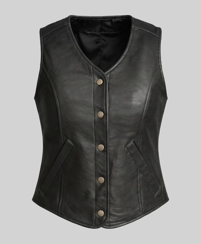 Button-Up Moto Leather Vest For Womens
