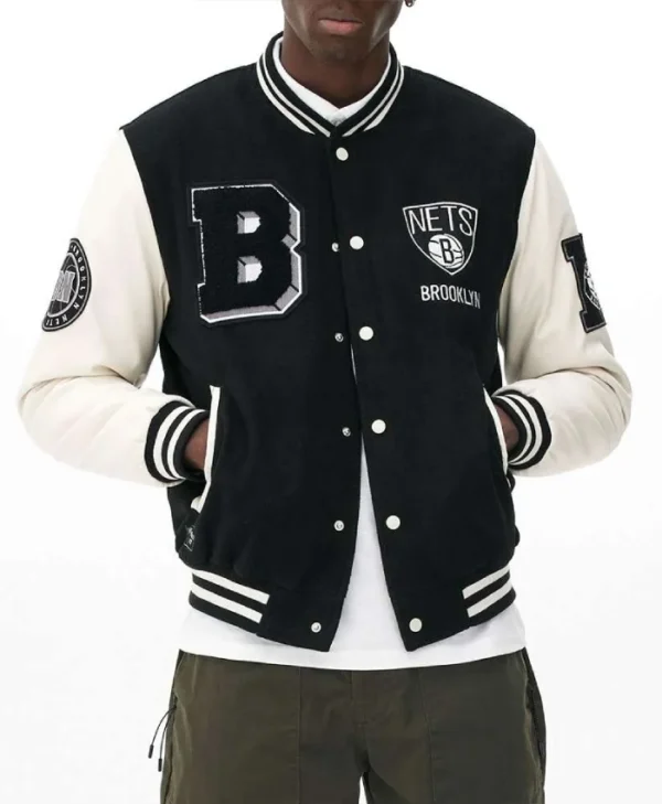 Shop Brooklyn Nets Varsity Black and Off White Jacket