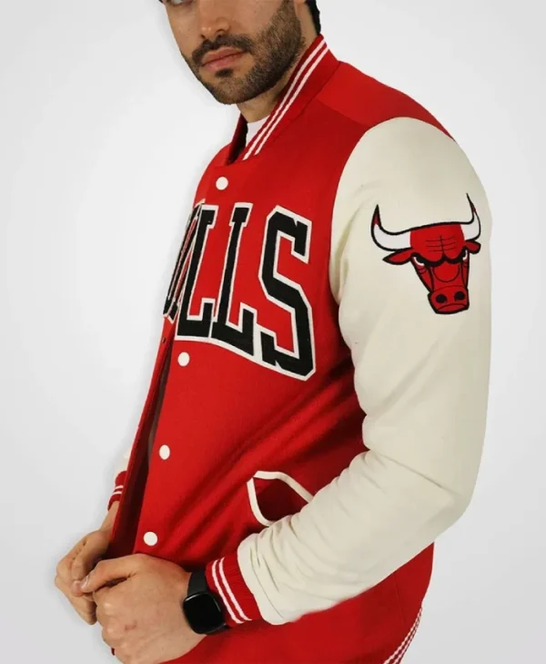 Chicago Bulls Red and Cream Varsity Full-Snap WoolLeather Jacket