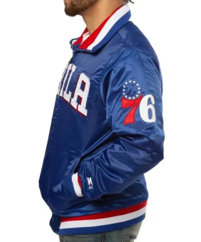 Philadelphia 76ers Zip-Up Blue Bomber Satin Jacket