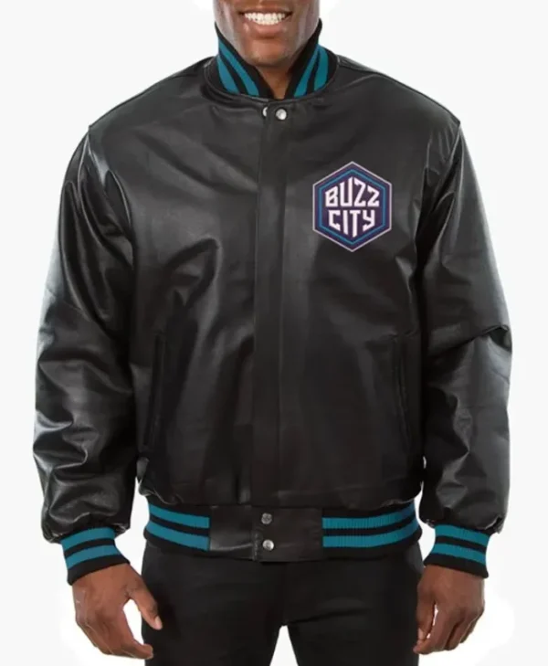 Charlotte Hornets Full-Snap Varsity Leather Black Jacket