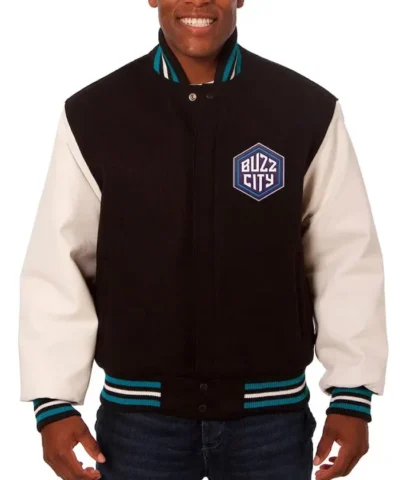 Black and White Charlotte Hornets Wool & Leather Full-Snap Varsity Jacket