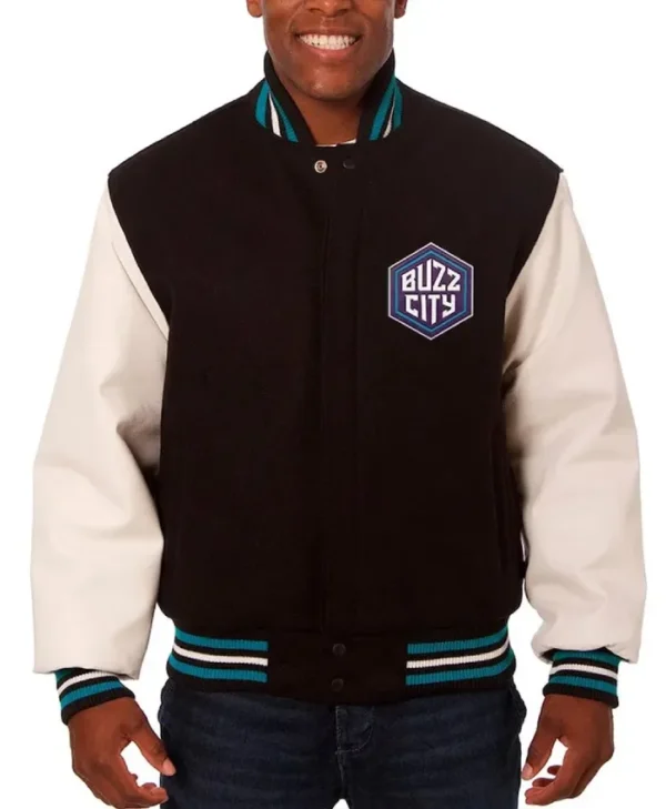 Black and White Charlotte Hornets Wool & Leather Full-Snap Varsity Jacket