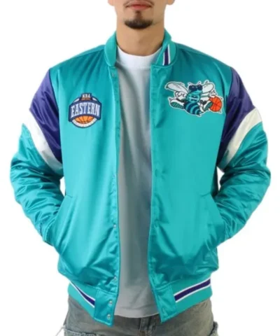 Shop NBA Eastern Charlotte Hornets Full-Snap Varsity Satin Aqua Jacket