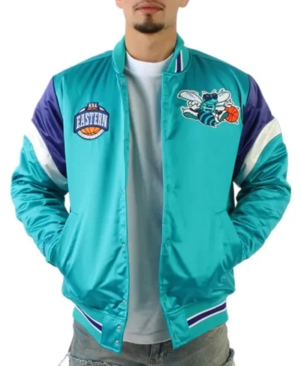 Shop NBA Eastern Charlotte Hornets Full-Snap Varsity Satin Aqua Jacket