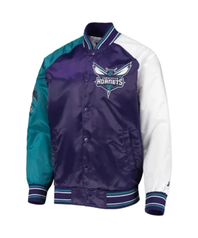 Charlotte Hornets Reliever Raglan Full-Snap Satin PurpleTeal Varsity Jacket