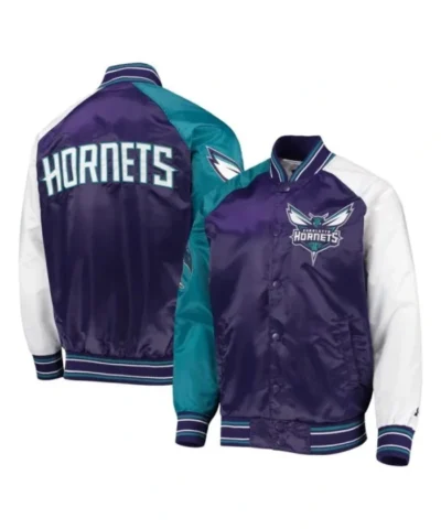 Charlotte Hornets Reliever Raglan Full-Snap Satin PurpleTeal Jacket