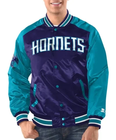 Renegade Charlotte Hornets Full-Snap Varsity Satin Purple and Teal Jacket