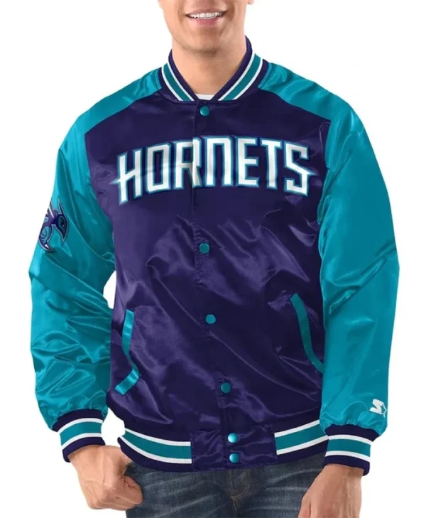 Renegade Charlotte Hornets Full-Snap Varsity Satin Purple and Teal Jacket