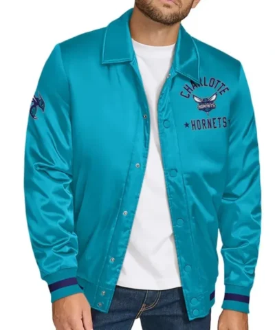 Charlotte Hornets Stitch Applique Teal Satin Jacket on Sale