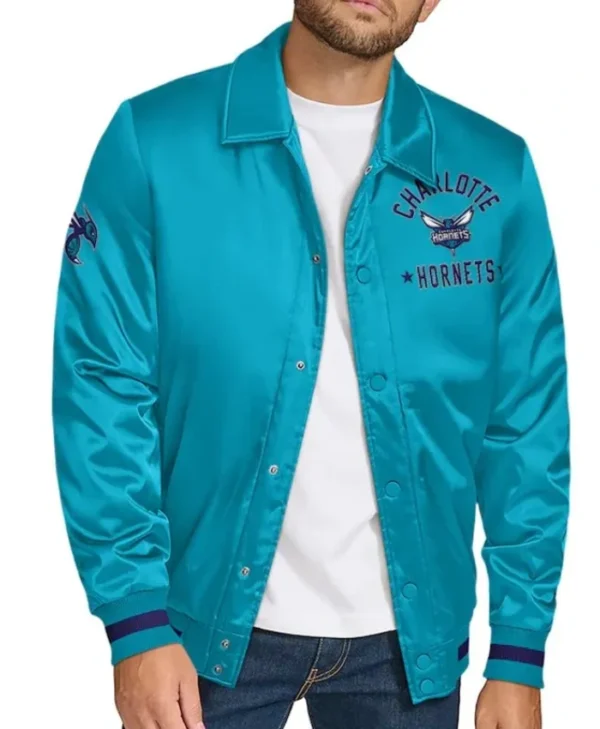 Charlotte Hornets Stitch Applique Teal Satin Jacket on Sale