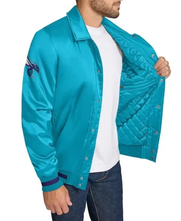 Charlotte Hornets Stitch Applique Teal Satin Jacket
