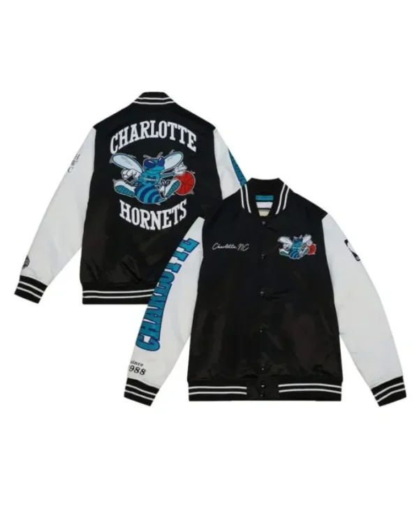 Charlotte Hornets Team Origins Full-Snap Satin BlackWhite Varsity Jacket