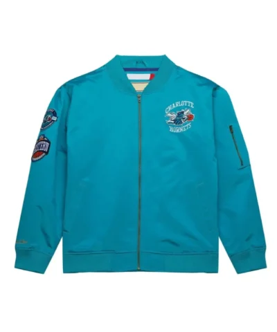 Vintage Logo Charlotte Hornets Bomber Full-Zip Satin Aqua Jacket