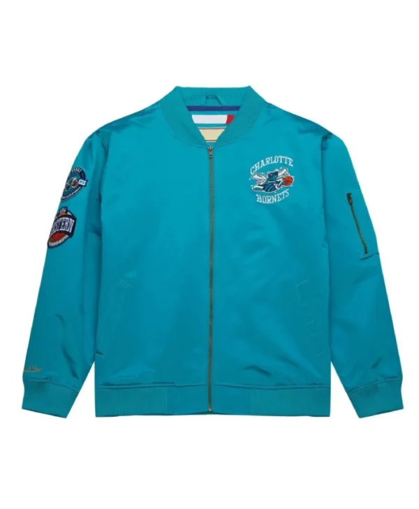 Vintage Logo Charlotte Hornets Bomber Full-Zip Satin Aqua Jacket