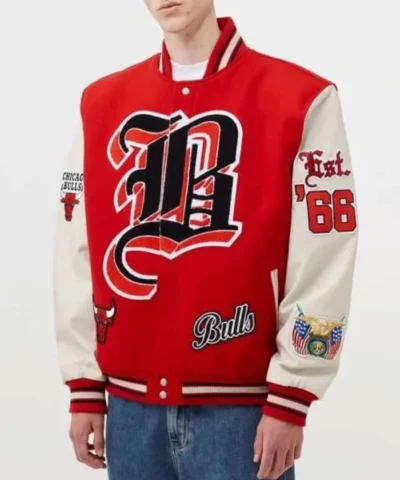 Shop Chicago Bulls Varsity Red Wool and Leather Jacket