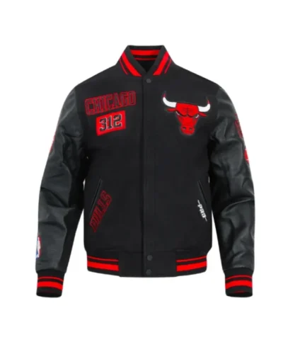 Classic Rib Chicago Bulls Area Code Black Varsity WoolLeather Jacket