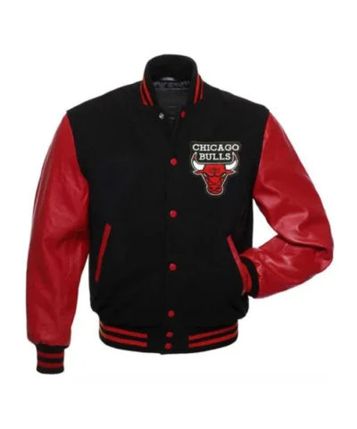 Chicago Bulls Full-Snap Black and Red Varsity WoolLeather Jacket