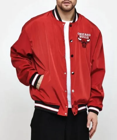 Shop Chicago Bulls Red Poly Bomber Full-Snap Jacket